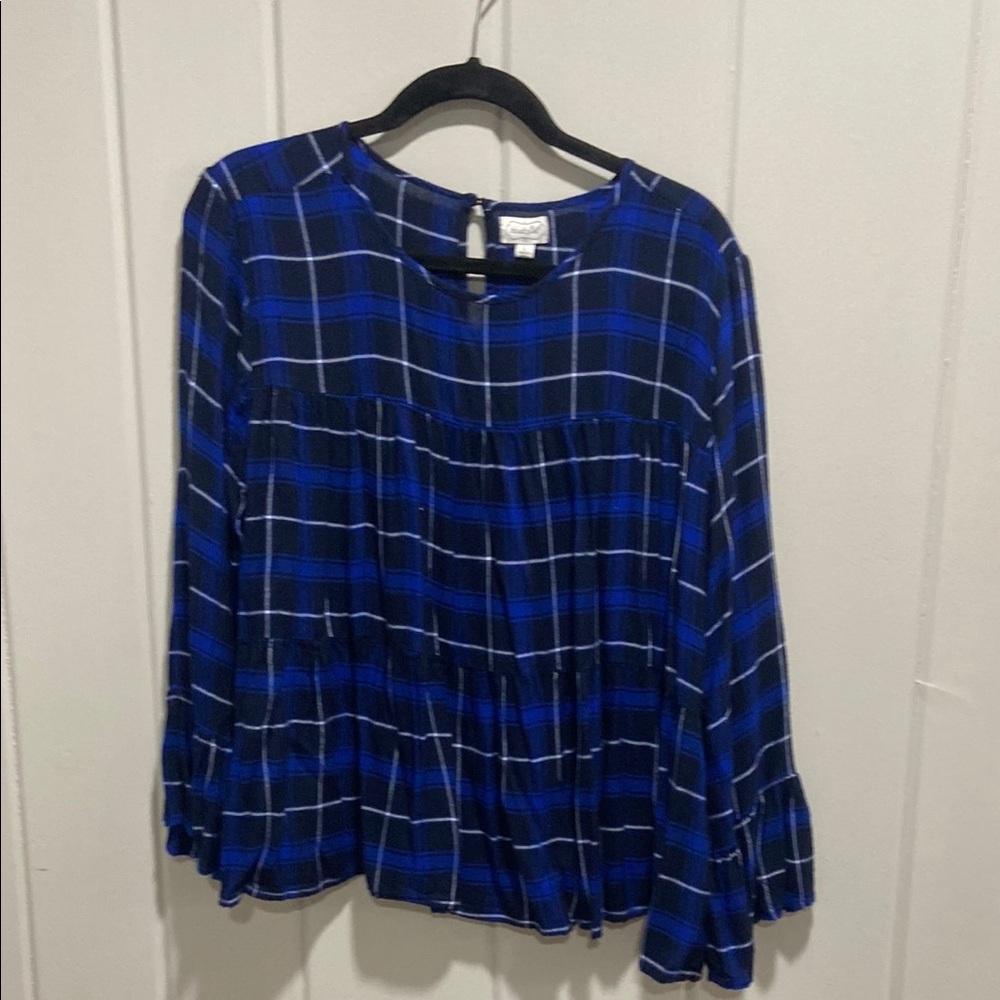 Blue Plaid Long Sleeve Blouse Size L